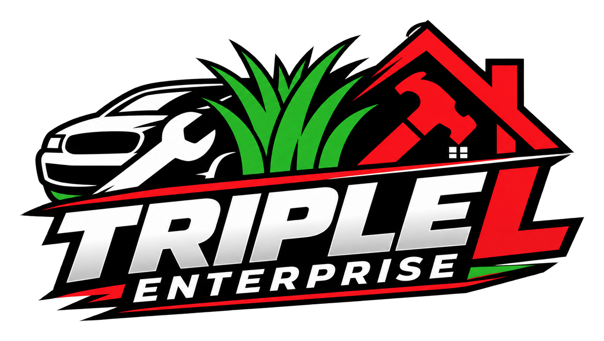 TripleL Enterprise logo: a car with a wrench, green grass, and a red house with a hammer